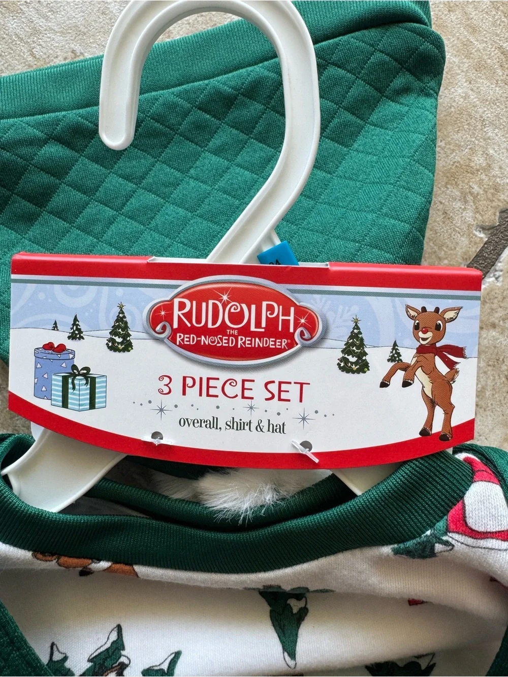 Rudolph the Red-nosed  Reindeer Quilted Green Overalls w/Matching Tee & Hat, 24M
